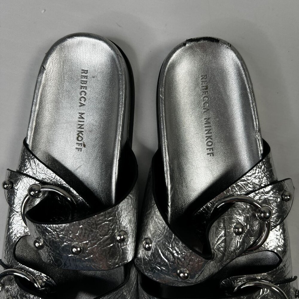 Rebecca Minkoff Vachel Metallic Buckled Slides In Silver Sandals 9 - Picture 10 of 15